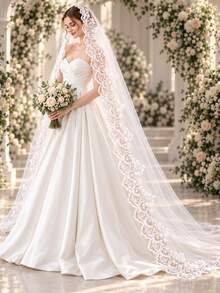 1pc Floral Lace Sequin Cathedral Style Bridal Veil, Long Wedding Veil With Metal Comb, Suitable For Bride - Multicolor - View 6