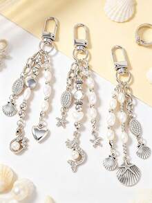 1pc Rhinestone Swan Mermaid Keychain, Heart Starfish Shell Keyring, Bag Pendant - Multicolor - View 1