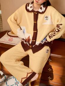 Gongdie Disney Women's Fleece Thickened Horn Button Pajama Set With Long Pants, Winter - Yellow - View 5