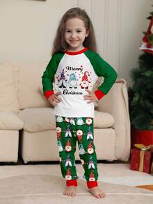 Children's Christmas Pajama 2 Pieces Set, Contrast Raglan Long Sleeve, Christmas Elf Cartoon Print Pajamas, Green All-Over Print Gnome Pants, Holiday Loungewear Set, Christmas Gift - Multicolor - View 5