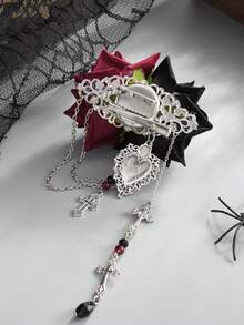 1pc Gothic Black & Red Rose Brooch, Hollow Heart Cross Pendant Tassel Flower Lapel Pin For Women, Halloween Cos Dark Style Party Photo Shoot Accessory - Multicolor - View 5