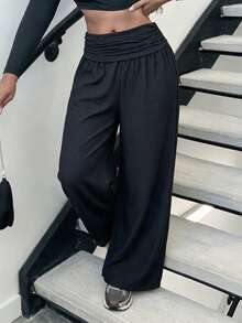 Fall/Winter Black Ruched Design Casual Long Pants For Women, High Waist Slimming Wide Leg Trousers - Black - View 5