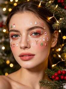 7/5/3/1pcs Christmas Warm Tone Face Decoration Sticker Set, Gingerbread Man, Snowman, Candy, Sock Pattern Face Decoration Stickers, Includes Tweezers, Holiday Party Makeup Accent Stickers - Multicolor - View 5