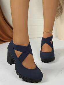 Sepatu Bot Ankle Hak Tinggi Tebal Wanita Terbaru, Gaya Retro Nyaman untuk Pesta Pantai - Biru - View 1