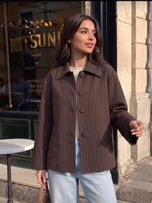 Women's Elegant Striped Long Sleeve Jacket, Suitable For Office Wear, Autumn - Brown - View 2