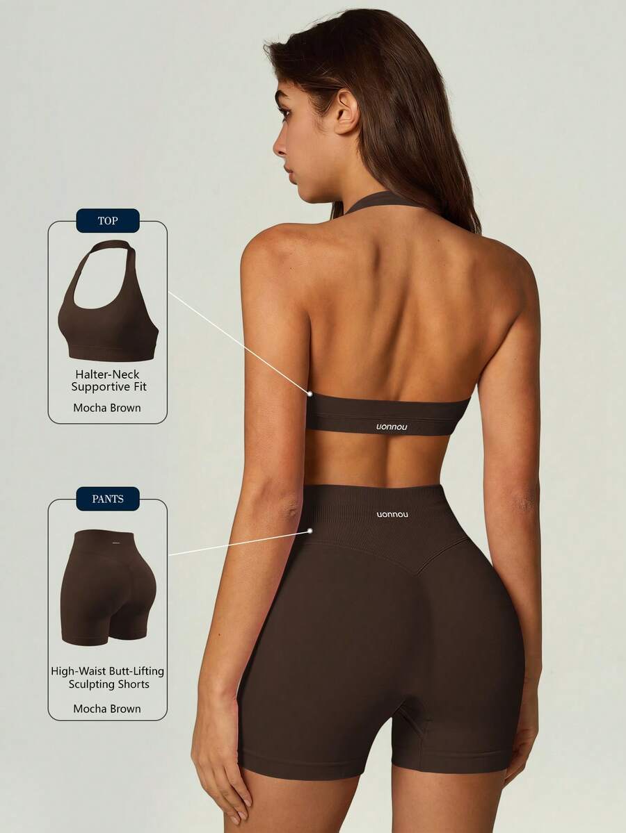 UONNOU 2Pcs Halter Sports Bra & High Waist Butt Lifting Biker Shorts, Women Stretch Yoga Workout Matching Set - Mocha Brown - View 1