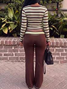 NOIRLYN Winter Women's Y2K Sexy 2 Pieces Outfit, Color Block Striped Square Neck Long Sleeve Tee Top & High Waist Straight Wide Leg Pants Set - Brown - View 5