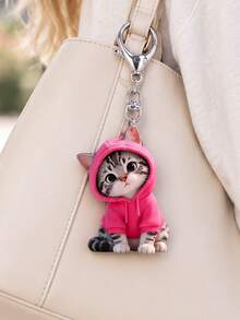2D Flat Cute Cat Hooded Sweatshirt Keychain, Bag Hanger, Keychain, Backpack Accessory, Cute Pet Kitten Keychain, Suitable For Cat Lovers, Perfect Gift For Birthday, Halloween, Christmas, Can Be Used As School Bag Pendant And Cute Small Gift - Multicolor - View 1