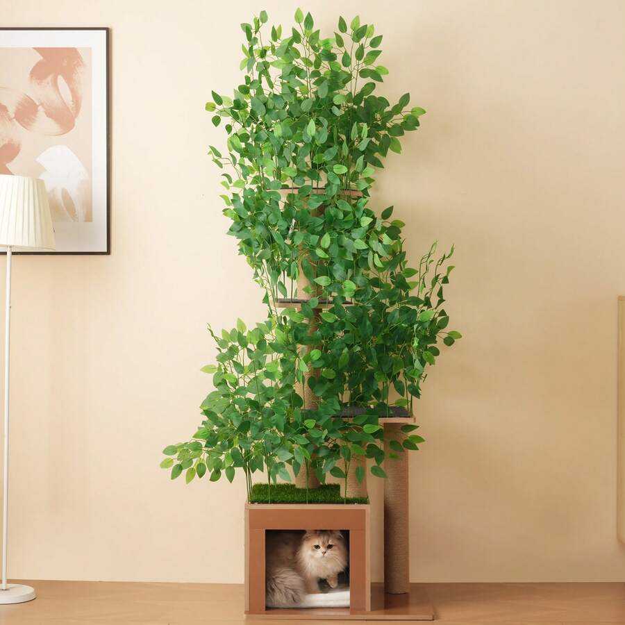 190 Cm Cat Tree Scratcher, 4 Platforms And Cat Hole: Pet Material, Removable Leaves, Scratch-Resistant MDF - Ideal For Hiding And Crawling Cats - Green - View 1