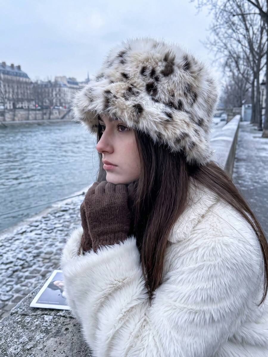 Fuzzy Leopard Print Bucket Hat, Face-Slimming Faux Fur Bucket Hat, Versatile Winter Fashion Warm Earflap Hat - A - View 1