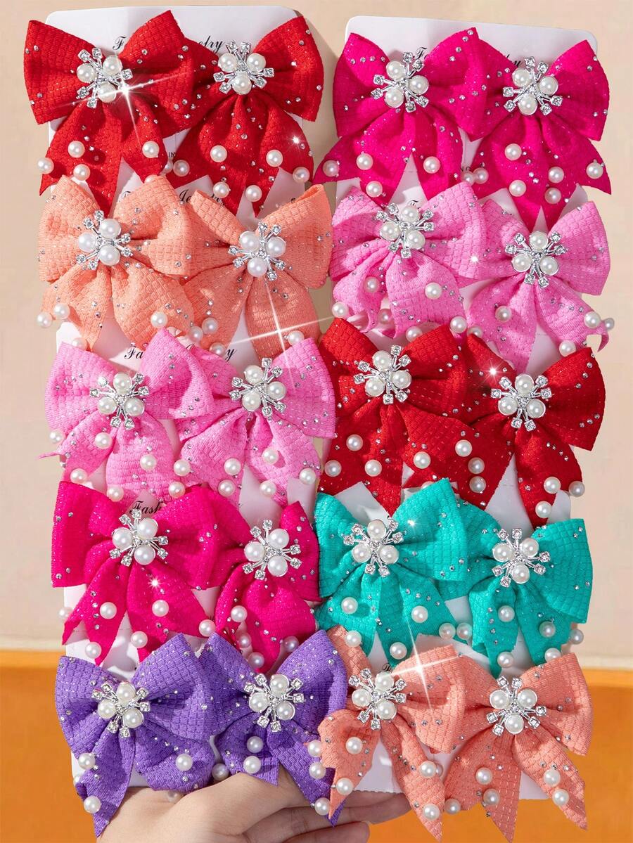 12/6pcs Girls Brown Tone Pearl Fabric Bow Hair Clips Princess Style Alligator Hair Clips Hair Accessories Non-Damaging Side Clips Hair Clips For Daily Use - Multicolor - View 1
