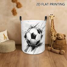Sports Soccer Patterned Laundry Basket, Foldable Round Storage Basket, Black And White Ink Art Soccer Pattern Dirty Clothes Bin, Home Decor Storage Box With Handle, Space-Saving Storage For Bedroom Bathroom Dorm, Soccer Fan Holiday Gift - White - View 1