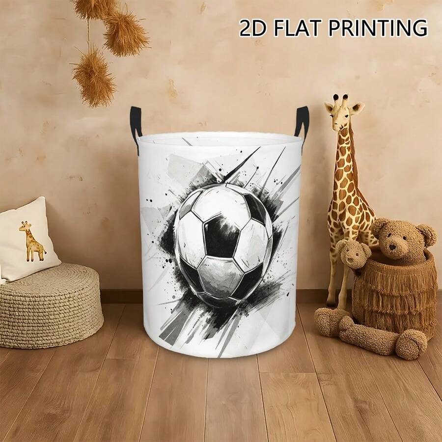 Sports Soccer Patterned Laundry Basket, Foldable Round Storage Basket, Black And White Ink Art Soccer Pattern Dirty Clothes Bin, Home Decor Storage Box With Handle, Space-Saving Storage For Bedroom Bathroom Dorm, Soccer Fan Holiday Gift - White - View 1