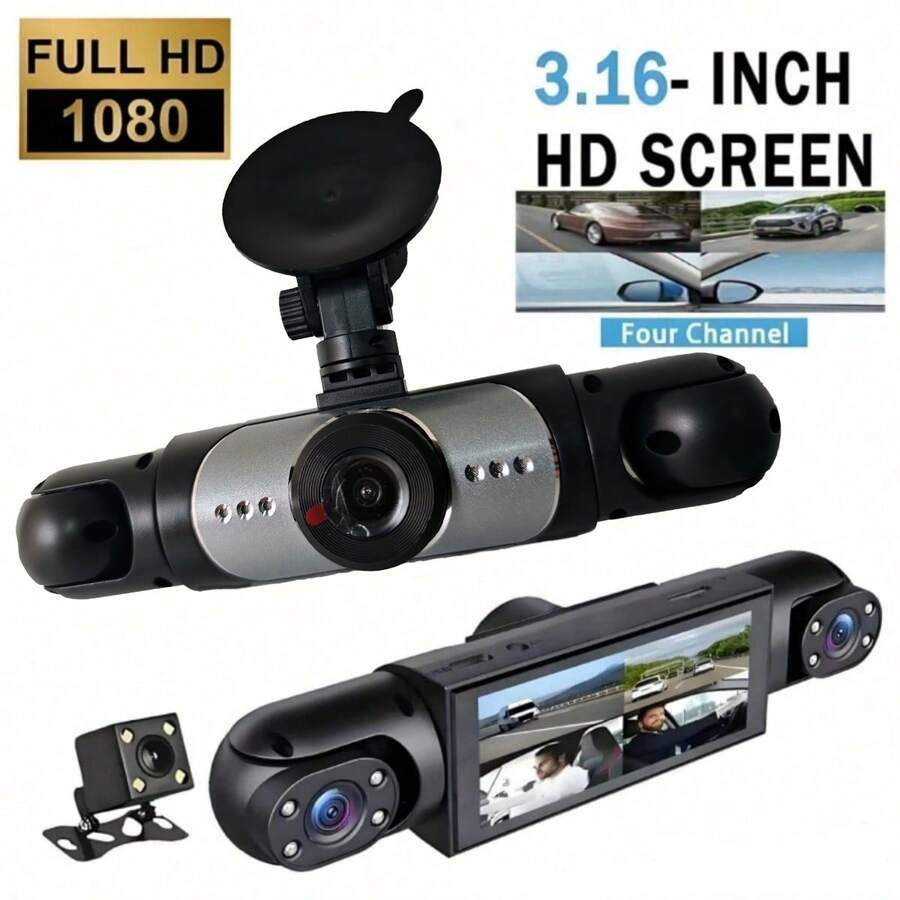 4-Channel 360° Panoramic Car Dash Cam With Front, Rear And Interior Cameras, Built-In Night Vision, 24-Hour Parking Monitoring And Loop Recording, Suitable For Most Cars, Built-In 150mAh Rechargeable Battery - Dash Cam - View 1