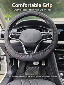 Fashionable Minimalist Perforated Leather Car Steering Wheel Cover, Carbon Fiber Textured Leather, No Inner Ring Elastic Design, Universal All-Season Anti-Slip Steering Wheel Protector - Multicolor - View 2