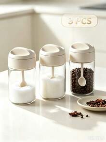 6/5/3/2/1pc Airtight Glass Spice Jars With Integrated Spoon Lid - Moisture-Proof Plastic Condiment Containers, Clear Lids For Home Kitchen Use, Perfect For Herbs, Spices - Multicolor - View 10