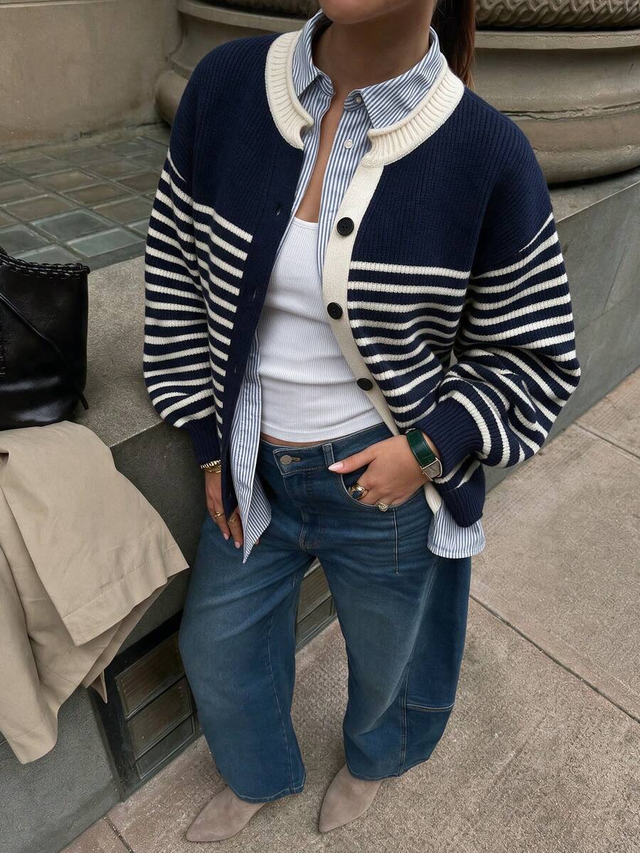 Fall/Winter Elegant Casual Preppy Striped Cardigan Sweater Blouse For Women - Navy Blue - View 1