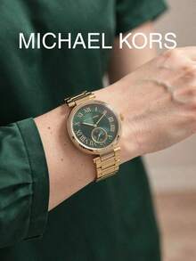 Michael Kors Women's Quartz Watch Gold Tone Bracelet Crystal Bezel Emerald Green Sunburst Roman Dial Small Second Subdial Daily Commute Weekend Getaway Accessory - Green - View 9