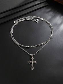 2pcs/Set Punk Style Layered Cross Pendant Necklace For Men, Street Hip-Hop High-End Fashion Accessory, Versatile Streetwear Accessory, Daily Wear, Street , Hip-Hop Style - Ancient White K - View 3