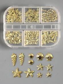 6-Grid Shell & Starfish Metal Nail Art Decor, Mixed Size Nail Art Accessories, Rivet Handmade Summer Vacation DIY Nail Supplies - Gold - View 7