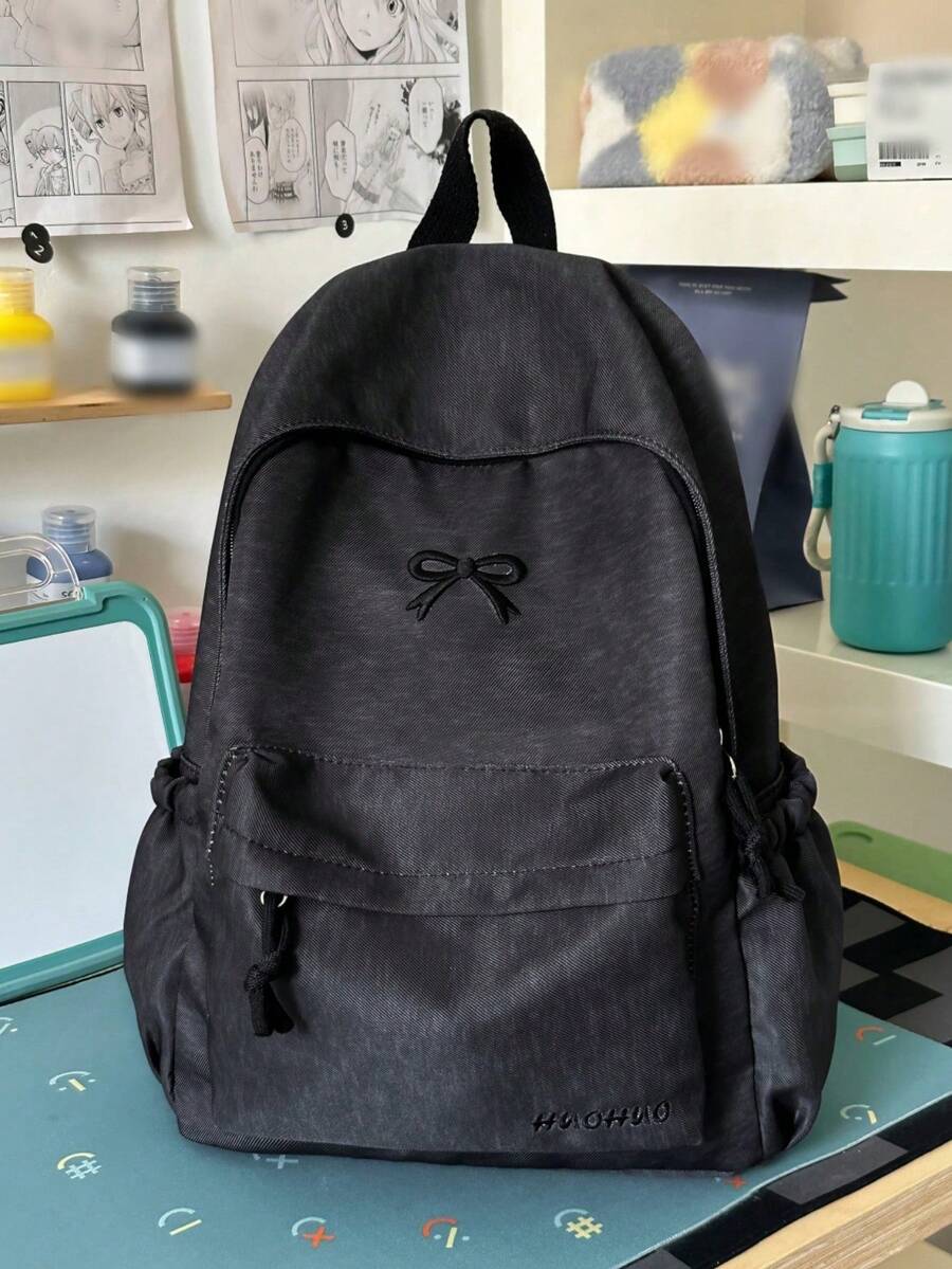 Men Backpack + Embroidery Bow Casual Backpack + Side Pockets & Adjustable Shoulder Straps + For School Commute Short Trip - Multicolor - View 1