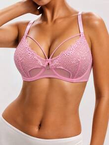Women's Fashion Elegant Solid Color Lace Patchwork Underwire Push-Up Sexy Bra - Mauve Purple - View 5