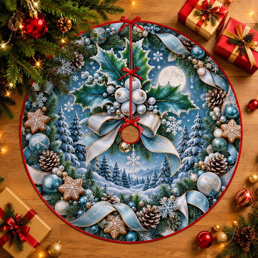 1 buah Alas Pohon Natal Motif Hutan Cahaya Bulan Biru Es, Dekorasi Liburan Elegan, 5 Ukuran, Hadiah Liburan Unisex, Cocok Untuk Dekorasi Natal di Rumah dan Pesta - Hutan Biru Es yang Diterangi Cahaya Bulan - View 1
