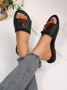 Women's Flat One-Strap Slide Sandals, Cherry & Bow Decor Open Toe Slip-On Slippers - Black - View 4