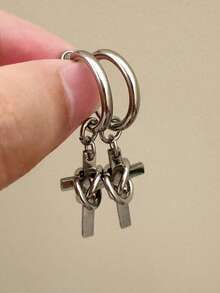 1 Pair Ring Cross Hoop Earrings, Punk Cool Style, For Daily Wear Night Party, Minimalist Metal Jewelry, Gift For Men Women - Silver - View 4