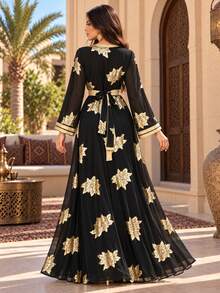 Women's Long Sleeve Elegant Loose V-Neck Dress - Black - View 2
