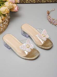 Little Girls High Heel Crystal Slippers, Elegant Wedding & Occasion Shoes, Comfortable & Versatile, Suitable For Party & Travel, Butterfly Pearl Design - Rose Gold - View 1