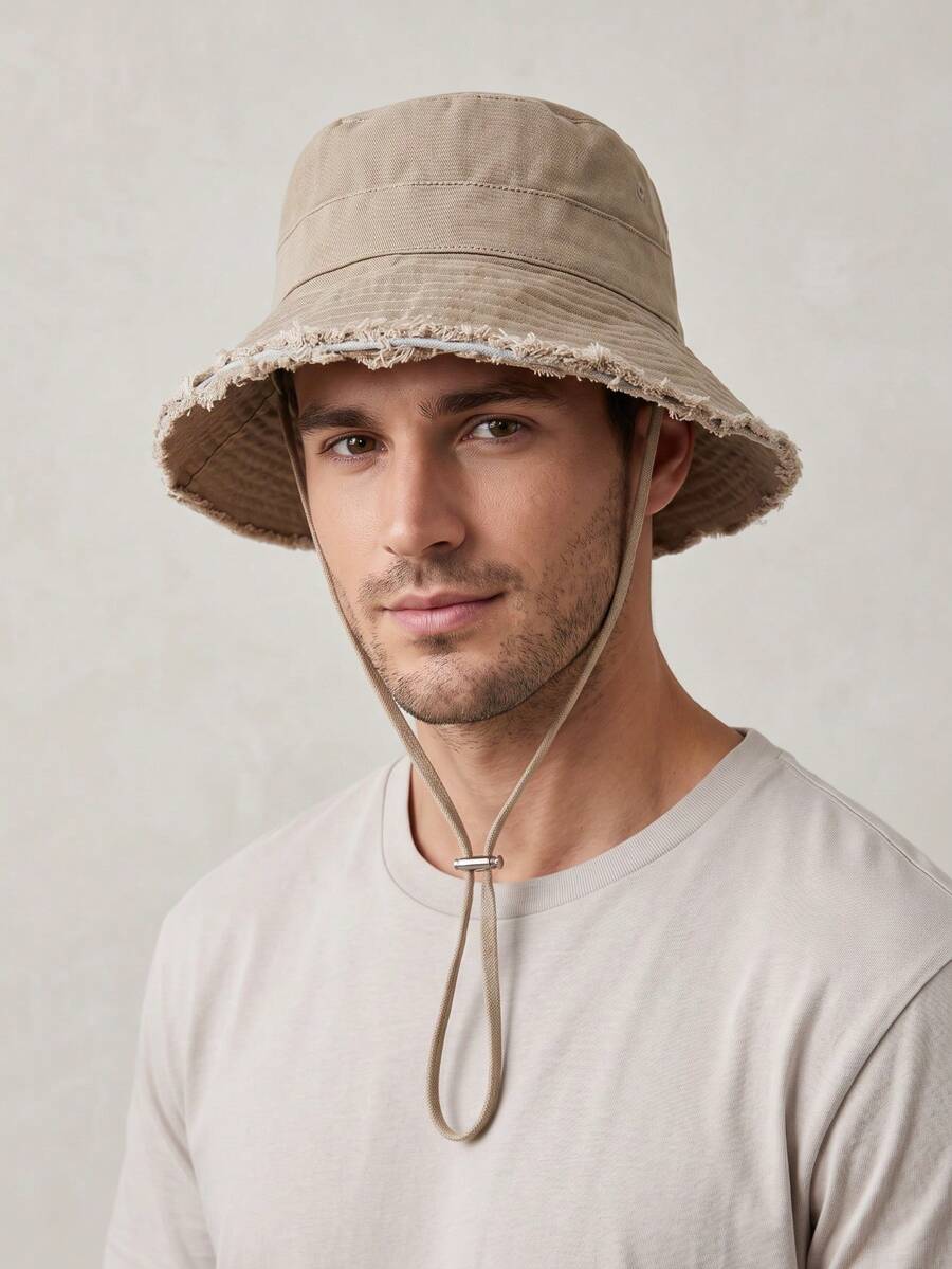 1 buah Topi Bucket Bertepi Lebar Pria, Desain Tali Dagu yang Dapat Diatur, Perlindungan Matahari dan Tahan Angin, Bergaya, Cocok untuk Perjalanan, Pantai, dan Pakaian Kasual Sehari-hari - A - View 1