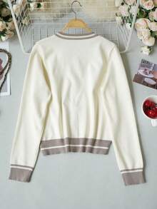 Women Knit Cardigan, Fall Winter Contrast Striped Round Neck Long Sleeve Y2K Sweet Pure Desire Textured Top For Beach Party Vacation - Apricot - View 7