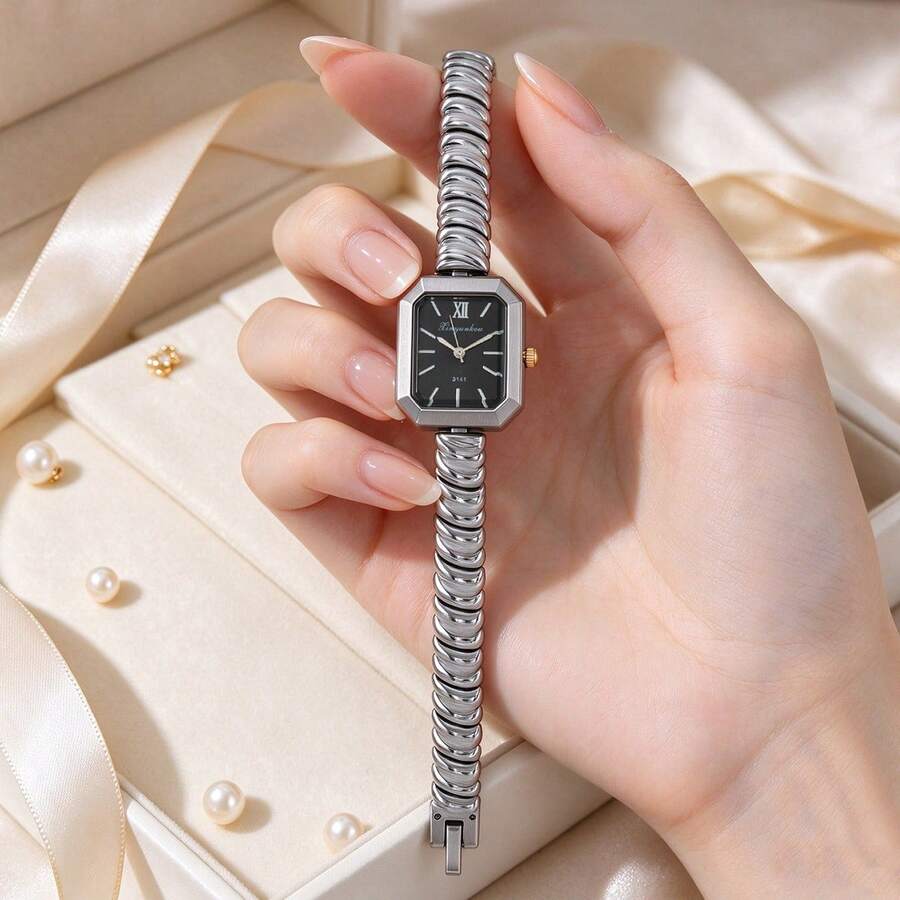 xinyunkou 女款復古紅色錶盤全水鑽方形手錶,羅馬數字金魚鱗鋼錶帶奢華石英腕錶 - 白色 - 查看 1