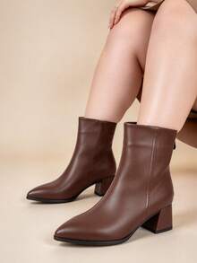 Wide Fit Plus Size Elegant Solid Color Pointed Toe Ankle Boots And Ankle Boots With Chunky Heel And Back Zipper, Fashion High Heel Casual Boots For Women, Suitable For Office And Professional Wear - Brown - View 4