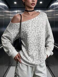 Women's Casual Leopard Print Cold Shoulder Loose Sweatshirt, Suitable For Daily Wear, Autumn/Winter Clothing, Autumn/Winter Outfit, Outdoor Outfit - White Flower Gray - View 6