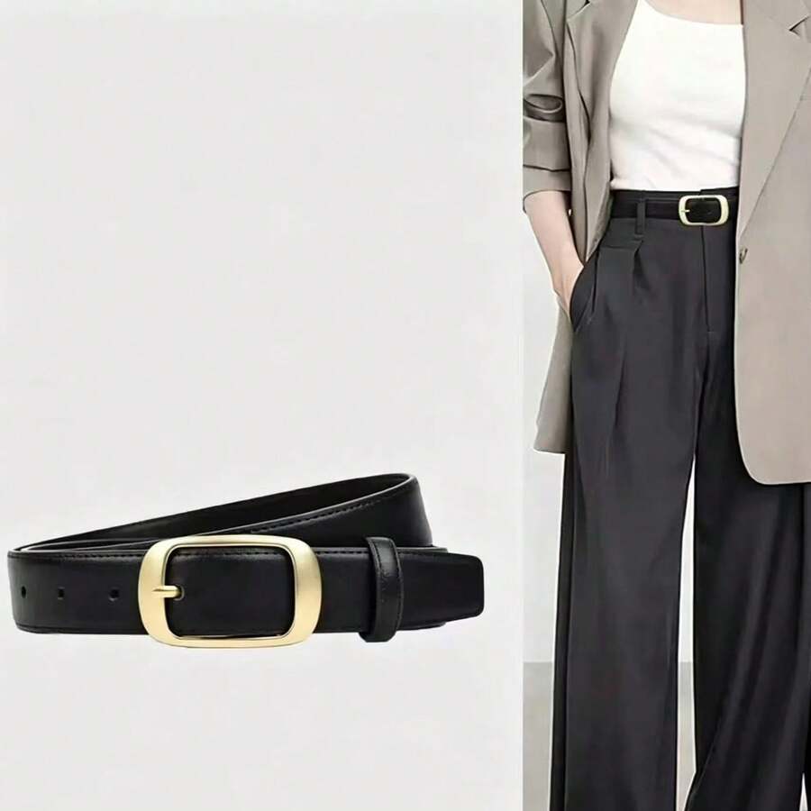 1 Pc Women's Gold Buckle Belt, Solid Color Belt, Simple Denim Belt ...