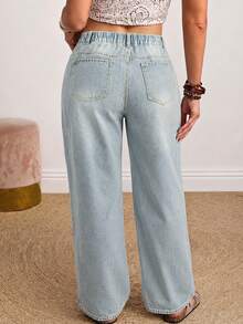 Women's Plus Size Denim Boyfriend Jeans, Light Wash, Button Detail, Non-Stretch Extended Length, Creating Loose Commuter Style - Blue - View 3