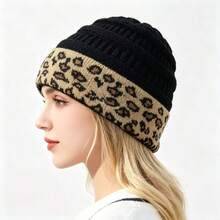 1 Women's Leopard Print Cuff Knitted Beanie, Unisex, Warm Solid Textured Winter Outdoor Ski Hat - A - View 9