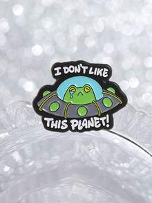 1Pc Sad Green Frog Riding UFO Enamel Brooch, Blue Alien Ship With Funny Complaint Text, Novelty Pin Badge For Bag, Coat And Daily Outfit - Multicolor - View 5