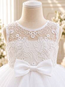 Baby Girl Bow Decor Patchwork Embroidered Mesh Sleeveless Formal Dress, Suitable For Wedding Flower Girl, First Communion, Birthday Party, Baptism, Christmas Outfit And Other Formal Occasions - White - View 7