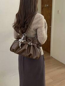 Women's Shoulder Tote Bag Fashion Pleated Bag Elegant Personalized Fashion Large Capacity Coffee Color Bag Bowknot Pendant - Coffee Brown - View 7