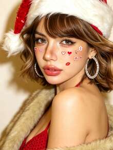 1pc Colorful Heart-Shaped Face Sticker For Autumn/Winter Christmas, Multi-Style Heart With Bow And Lip Print, Sexy Christmas Style Makeup Decoration, Also Suitable For New Year And Valentine's Day - Multicolor - View 5