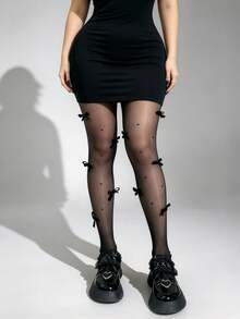 1 Pair Women's Pearl Bow Decorated Tights, Perfect For Parties And Daily Wear - Multicolor - View 1