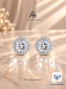 AnlaScheer 1pc Moissanite 925 Sterling Silver Exquisite Halo Round Flat Back Cartilage Spiral Piercing Stud Earring, Women's Engagement Wedding Bridal Jewelry - Silver - View 2