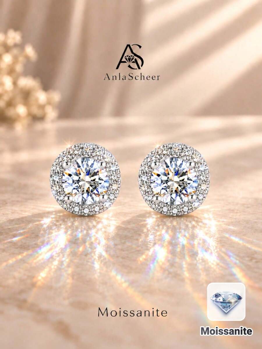 AnlaScheer 1pc Moissanite 925 Sterling Silver Exquisite Halo Round Flat Back Cartilage Spiral Piercing Stud Earring, Women's Engagement Wedding Bridal Jewelry