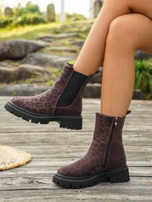 Leopard Print British Vintage Chelsea Ankle Boots, Versatile Women's Boots - Burgundy - View 1