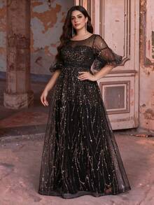 Mgiacy Plus Size Women's Elegant Black Round Neck Sheer Sequin Puff Sleeve A-Line Maxi Dress, Suitable For Summer Wedding Guest, Prom, Outing And Holiday Party - Black - View 1