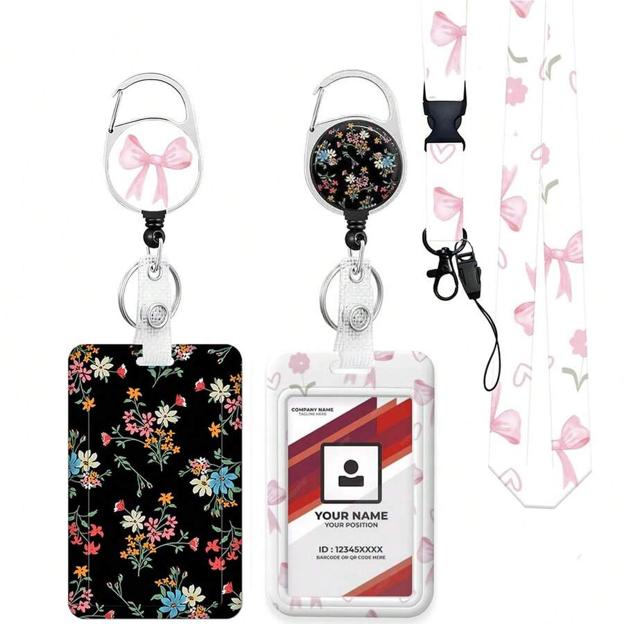 1 Set Black Ditsy Floral ID Badge Holder, Cute ID Card Lanyard And Detachable Neck Strap, Retractable Keychain, Heavy Duty Badge Reel With Quick Release Clip For Nurses, Teachers, Students, Doctors, Interns, Gift - Cute Style - View 1