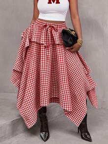 Skirt High Rise Loose Tie Knot Plaid Red White Holiday Festival Summer Fall Special For Women,Asymmetrical Hem - Multicolor - View 1